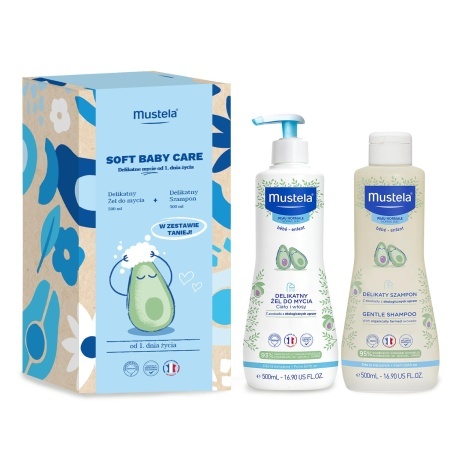 MUSTELA SOFT BABY CARE zestaw: delikatny żel do mycia 500ml + delikatny szampon 500ml